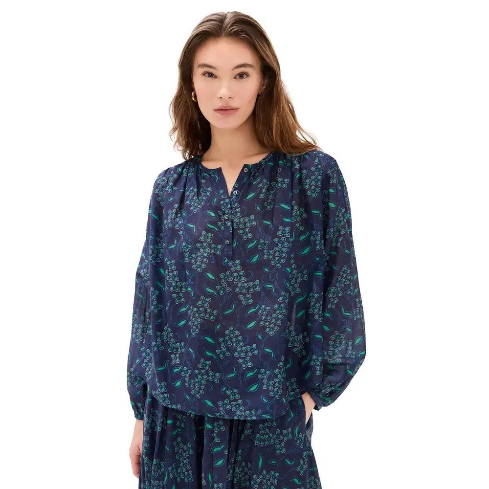 XIRENA Felice Floral Print Cotton Silk Blouse Navy Green Boho Peasant Top S